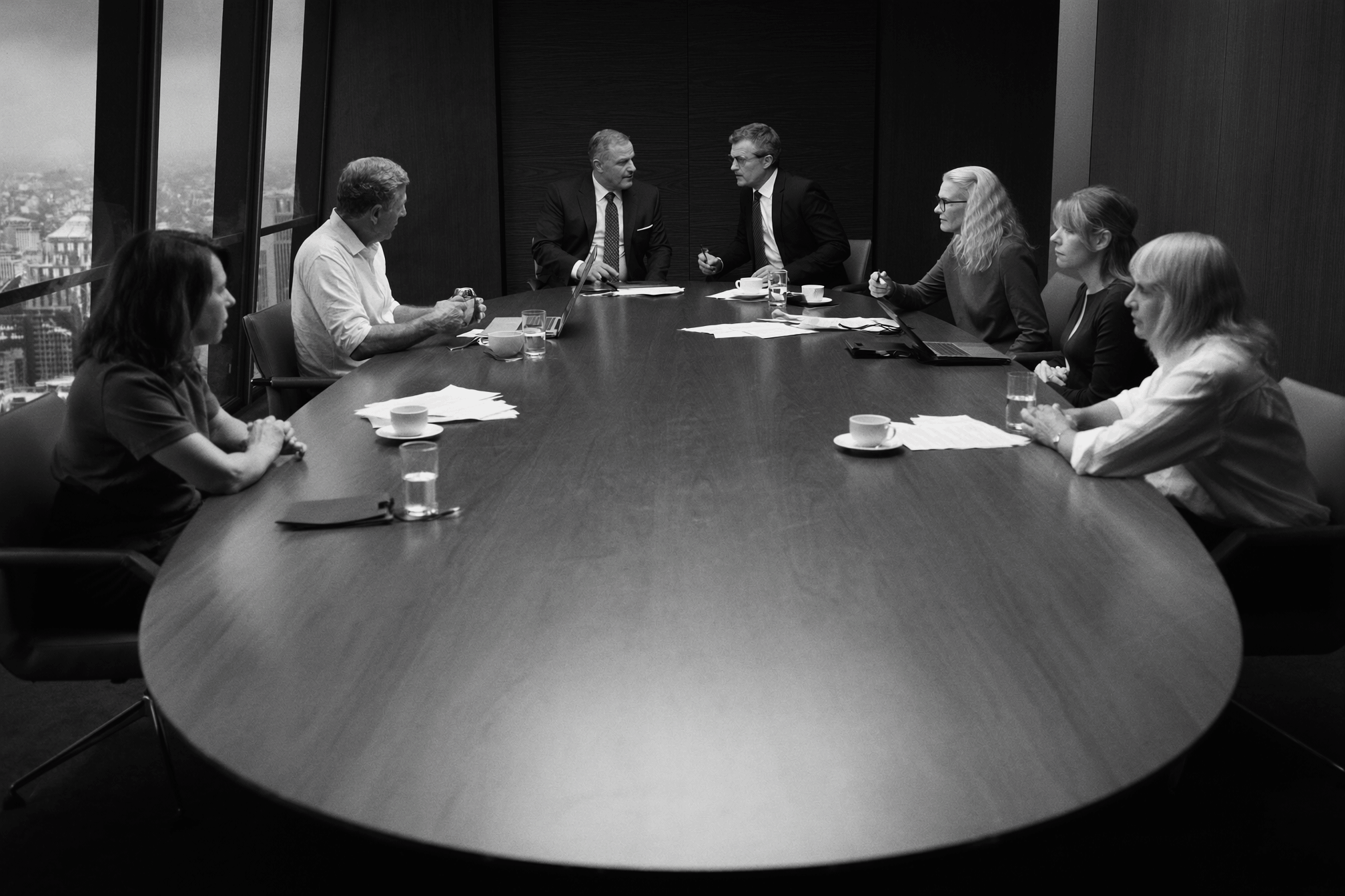 Nine senior executives seated around a walnut boardroom table in a high-floor European corporate tower engaged in boardroom dynamics discussion