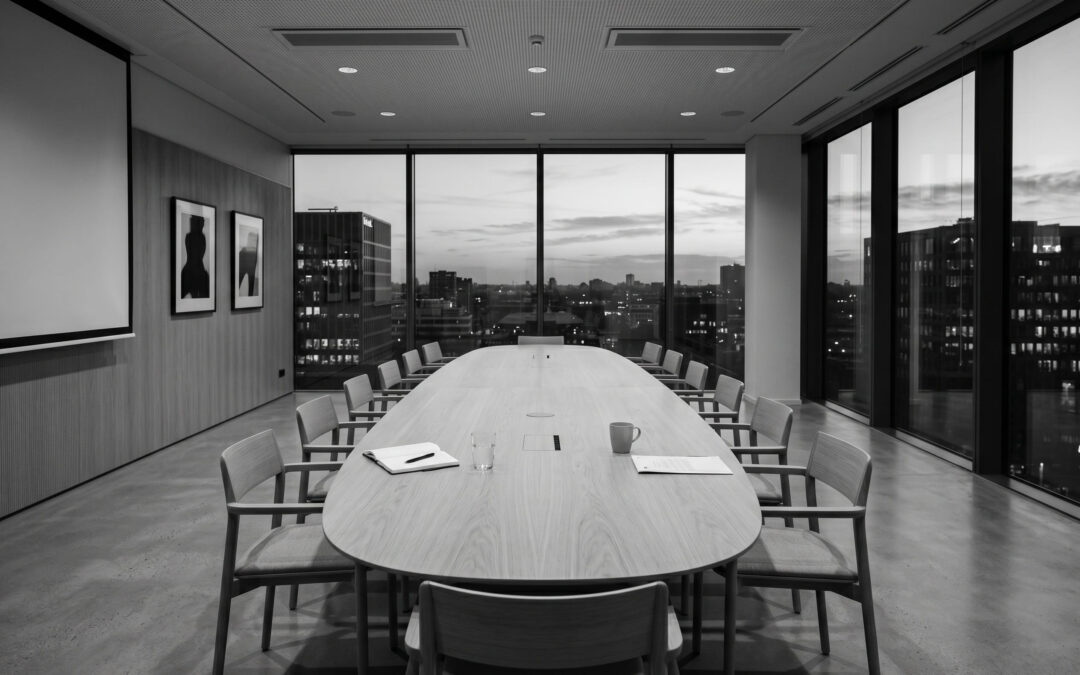 Lege Nederlandse bestuurskamer bij schemering, setting voor boardroom coaching in Nederland