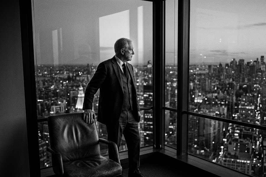 Founder alone at the window of an empty corner office, hand on an empty chair — the psychology of founder succession