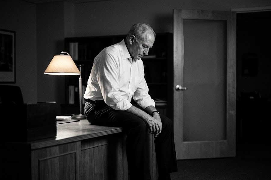 Executive sitting alone on a desk edge in an office after hours — the decision to remove a loyal senior colleague