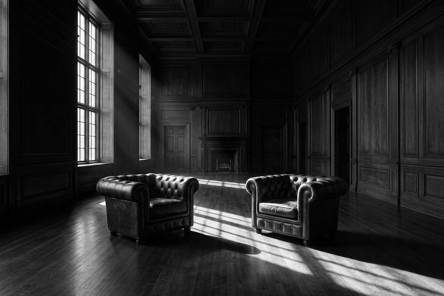 Two leather armchairs facing each other in an empty panelled room with window light, black and white