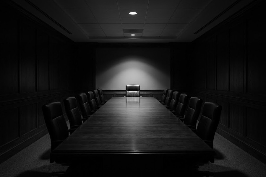 Long empty boardroom table with a single chair apart at its head under soft light, black and white